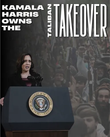 Kamala Harris speaking with heading "Kamala Harris owns the Taliban Takeover"