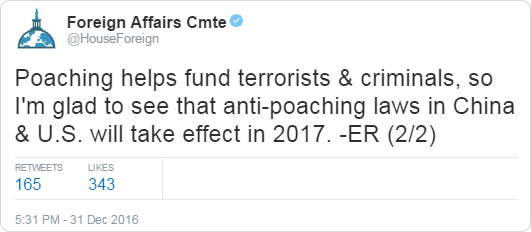 Poaching helps fund terrorists & criminals, so I'm glad to see that anti-poaching laws in China & U.S. will take effect in 2017. -ER